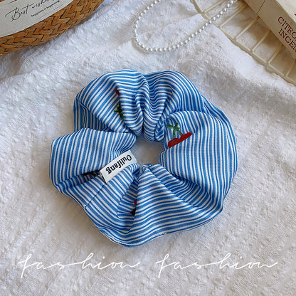 藍色櫻桃格紋刺繡髮圈