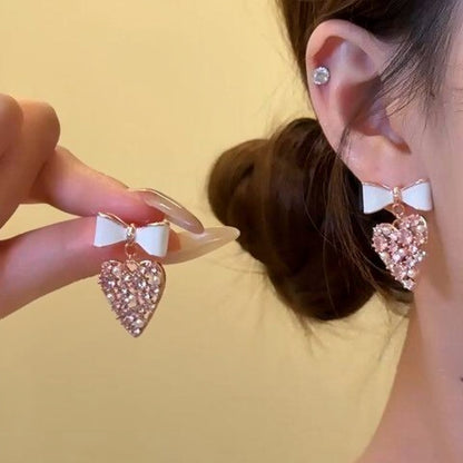 新款鑲鉆滴油蝴蝶結愛心珍珠耳釘女輕奢高級感耳環甜美少女風耳飾