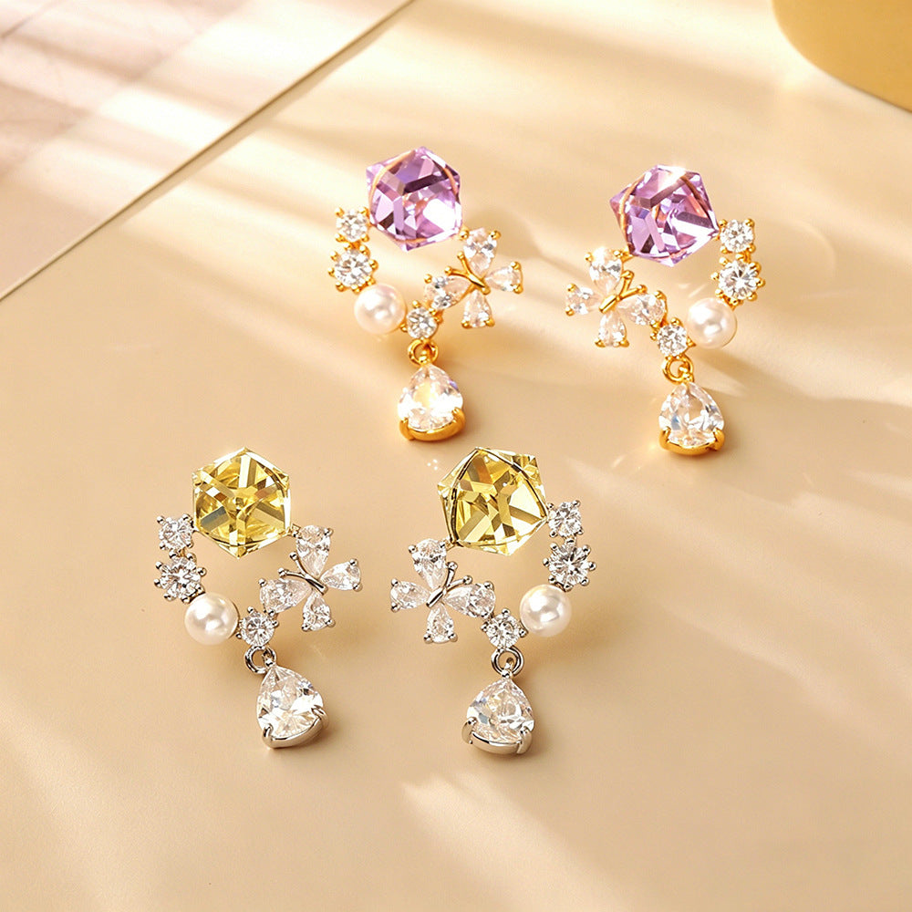 彩色鋯石水滴花朵耳釘－商品主圖｜https://igowo.tw/