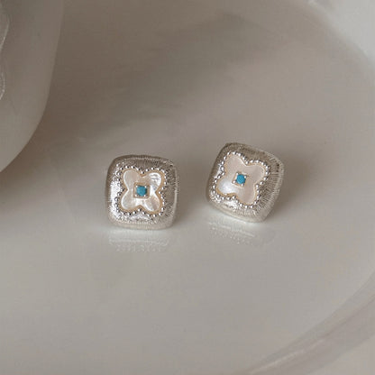 銀針法式藍鉆拉絲方塊耳釘輕奢復古小眾設計感耳環巨好看的耳飾女