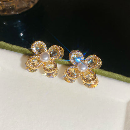真金電鍍銀針鋯石花朵珍珠耳釘精致優雅氣質耳環輕奢高級感耳飾女