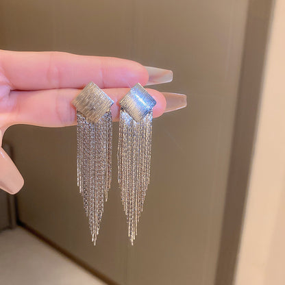 銀針鑲鉆幾何金屬鏈條流蘇耳環歐美時尚高級感耳釘個性耳飾批發女