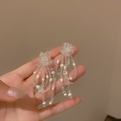 銀針鑲鉆水晶珍珠耳環歐美復古輕奢長款耳墜清新甜美高級感耳飾女