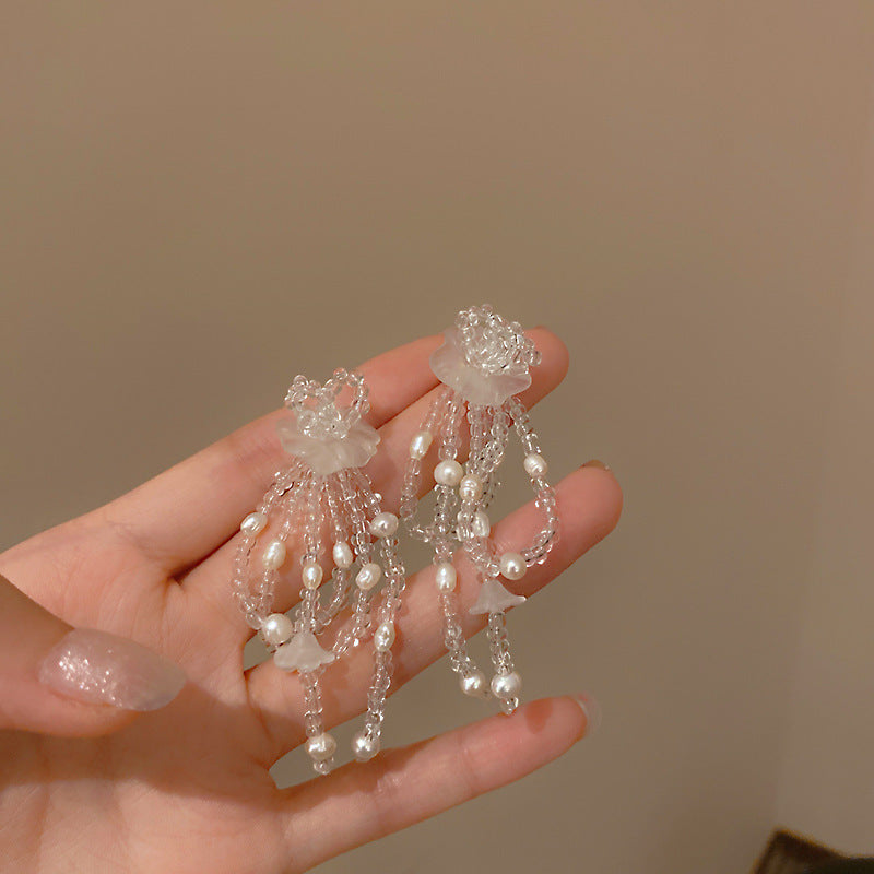 銀針鑲鉆水晶珍珠耳環歐美復古輕奢長款耳墜清新甜美高級感耳飾女