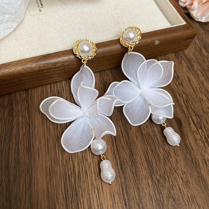 銀針布藝花朵流蘇耳環海邊度假風耳釘拍照出片神器耳飾小眾高級感