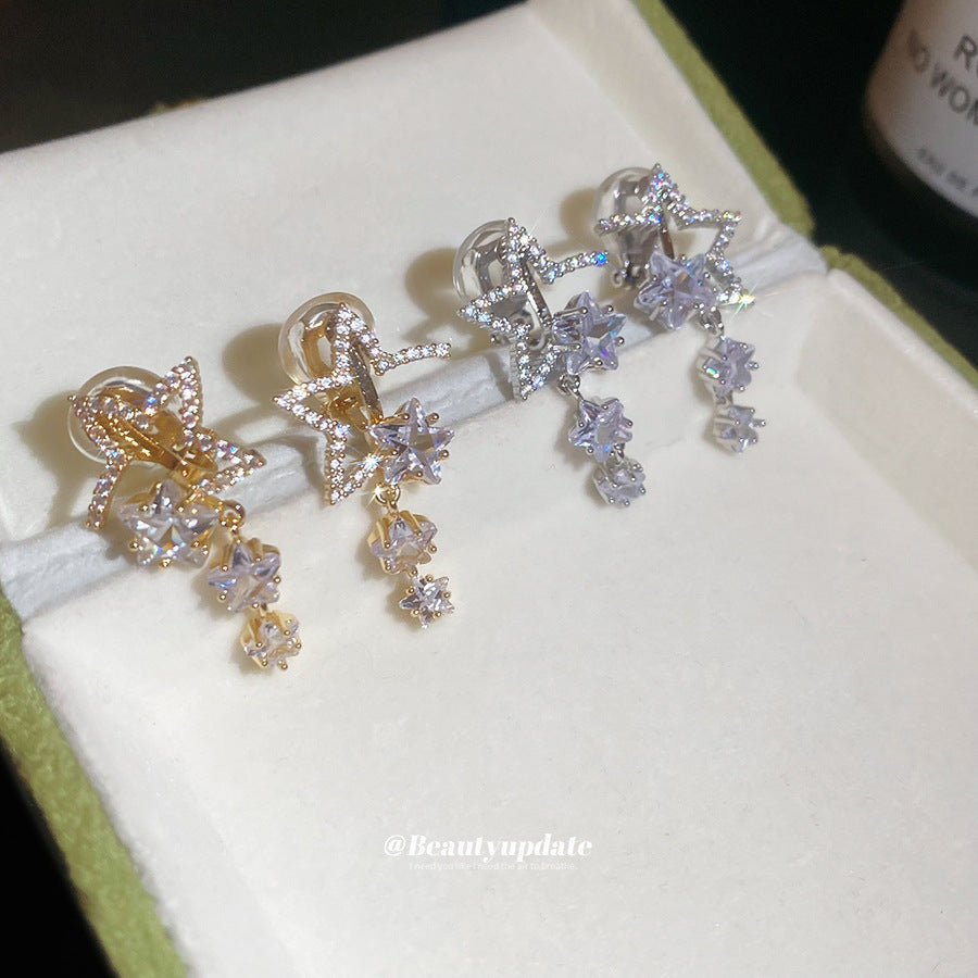 耳夾~18k真金電鍍鋯石星星流蘇耳環時尚簡約氣質輕奢高級感耳飾女