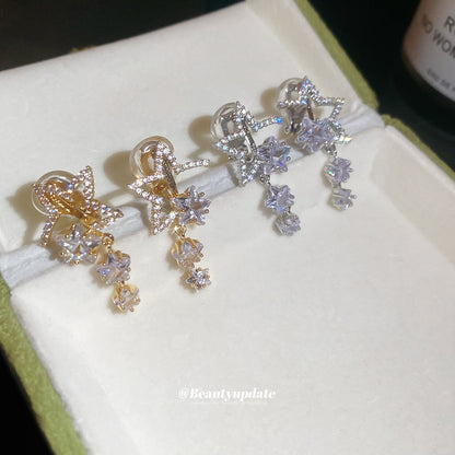 耳夾~18k真金電鍍鋯石星星流蘇耳環時尚簡約氣質輕奢高級感耳飾女