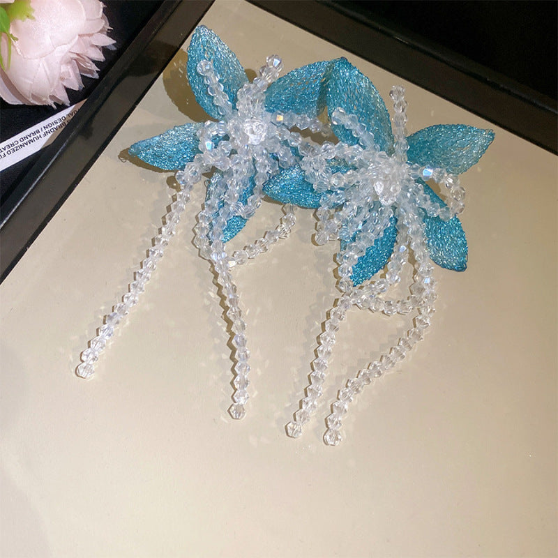 珍珠銀針花朵流蘇耳釘