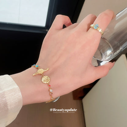 星球太陽花彩鉆珍珠手鏈戒指復古個性時尚潮流手環小眾高級感手飾