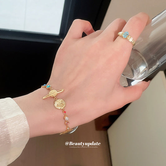 星球太陽花彩鉆珍珠手鏈戒指復古個性時尚潮流手環小眾高級感手飾