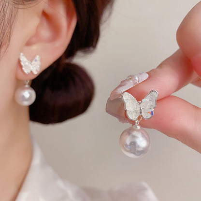 水晶珍珠蝴蝶兩用耳墜－商品主圖｜https://igowo.tw/