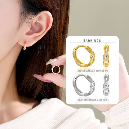 S925 微鑲打結圓圈蝴蝶結耳環2025新款小眾輕奢高級感耳圈耳扣