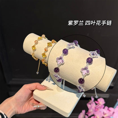 水晶精致四葉花抽拉手鏈女輕奢高級感氣質手環手串疊戴配飾手飾-