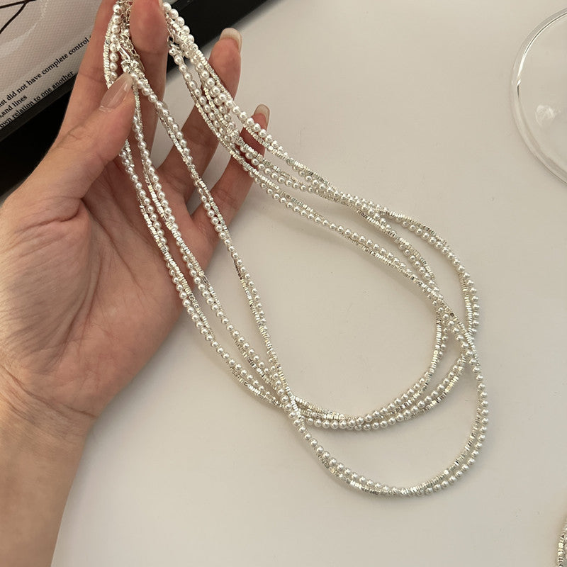 S925純銀韓版雙層纏繞碎銀子珍珠項鏈女韓國時尚東大門原單鎖骨鏈