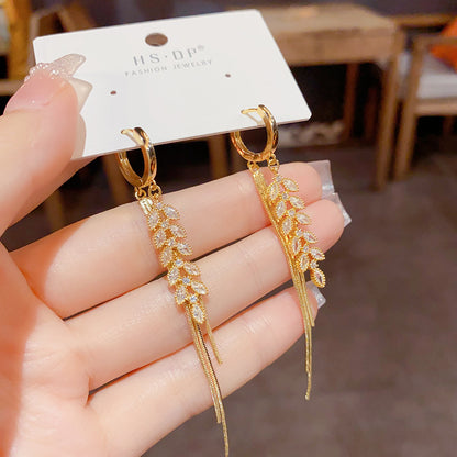 鋯石麥穗流蘇長版耳扣－商品主圖｜https://igowo.tw/