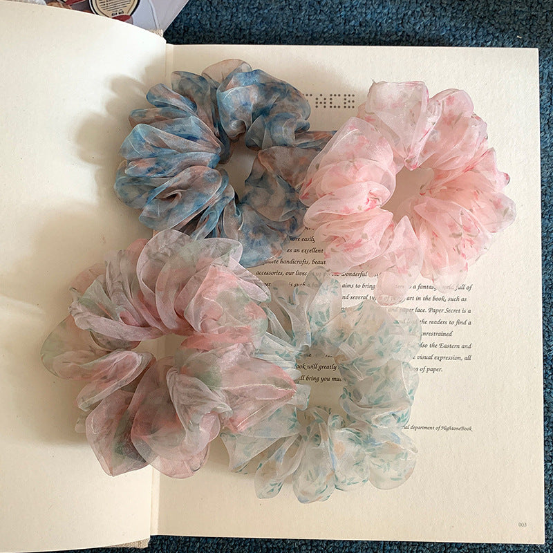 網紗碎花復古髮圈－淺綠色款細節｜https://igowo.tw/