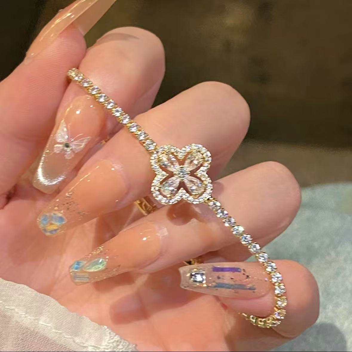鋯石菱形花朵鏤空可調節手鏈韓國小眾精致手環氣質百搭時尚手飾女