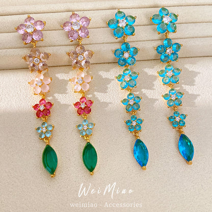 金色鋯石花朵長版耳環－商品主圖｜https://igowo.tw/