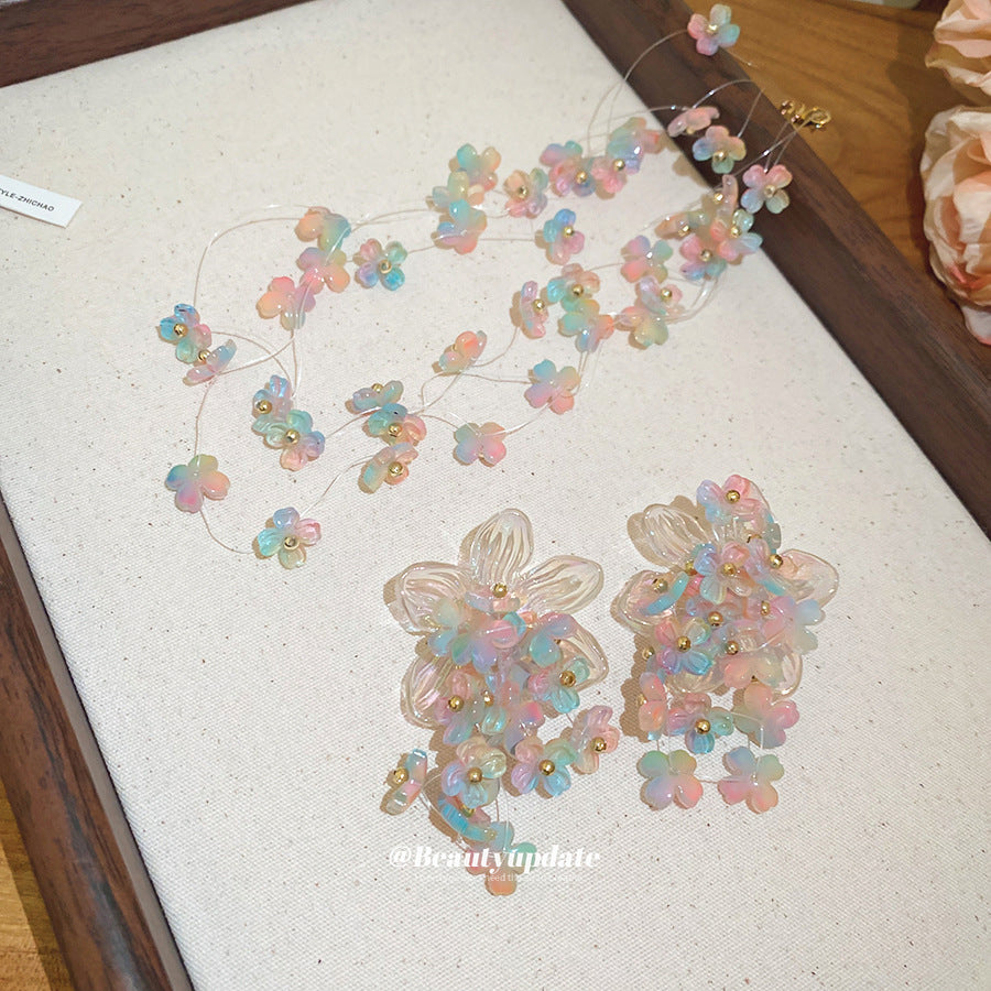 壓克力花朵項鍊耳環組－項鍊-粉色-藍色款實拍｜https://igowo.tw/