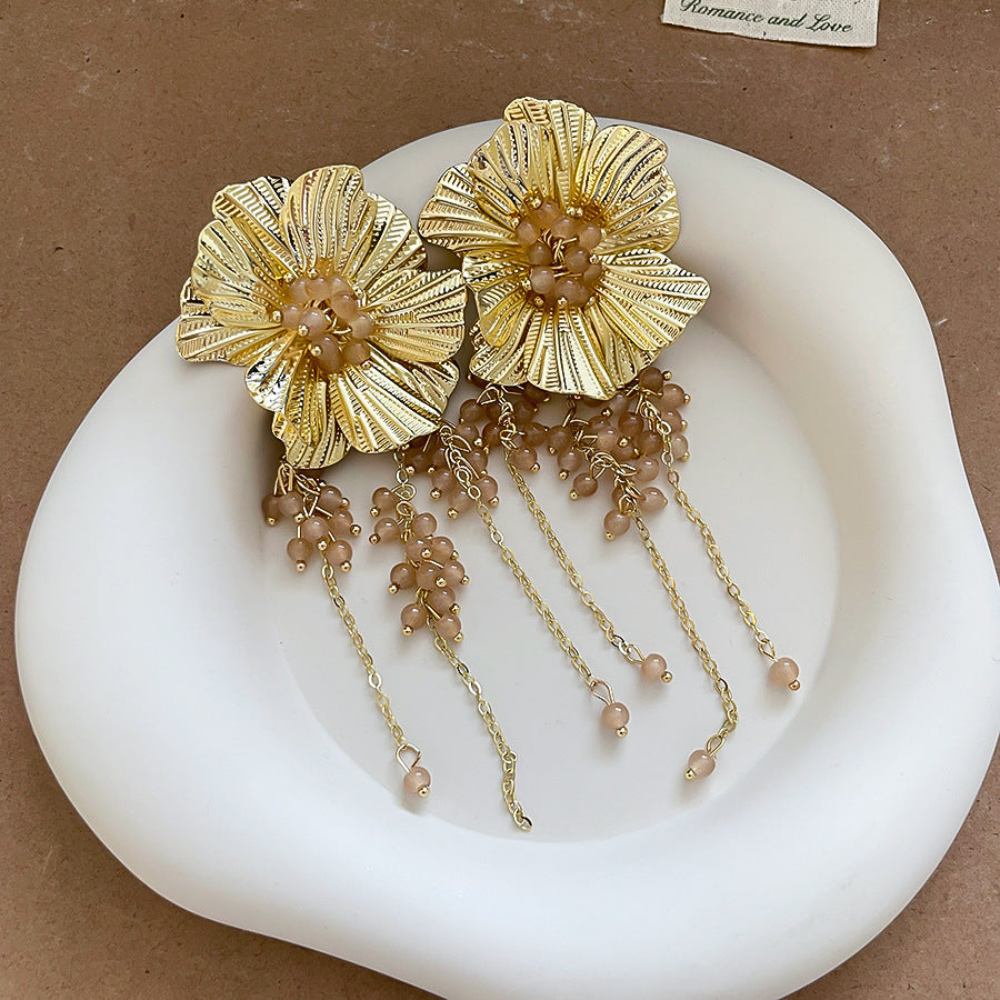 琉璃花朵流蘇長版耳釘