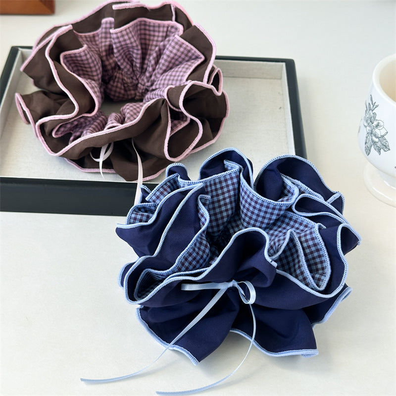 蝴蝶結大腸圈髮圈－AB面藍青格款細節｜https://igowo.tw/