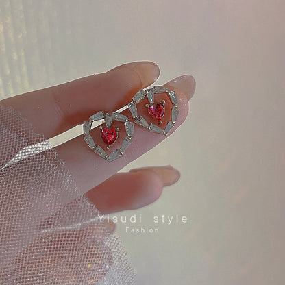 S925銀針紅色閃鑽愛心耳環