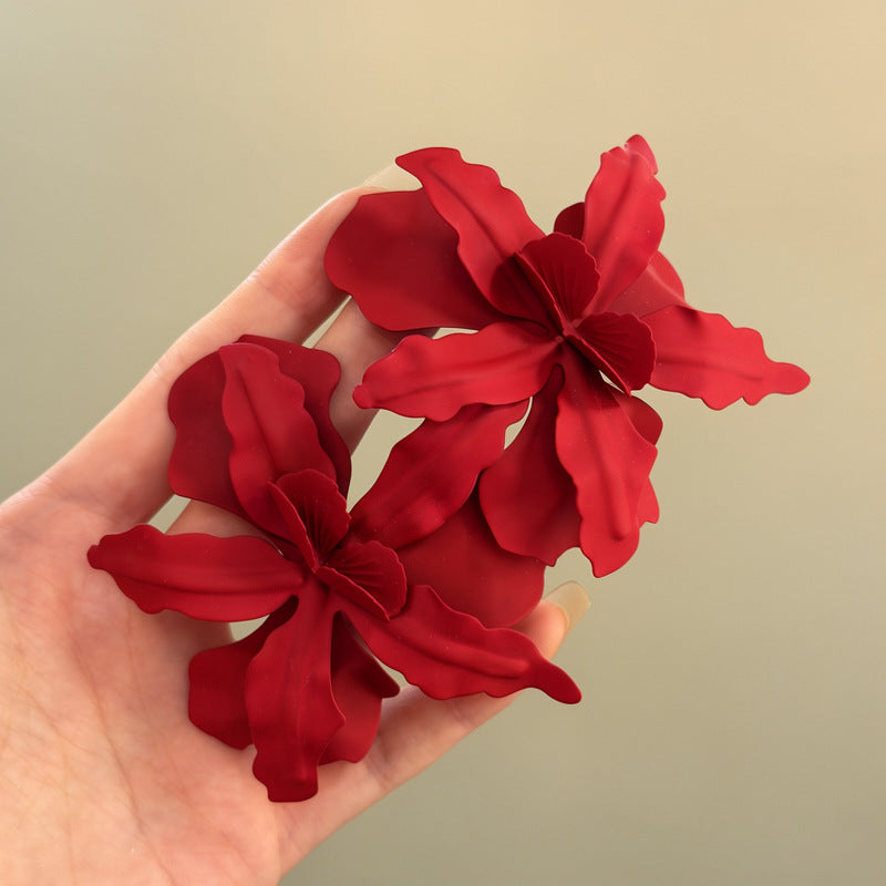 紅色花朵誇張耳釘
