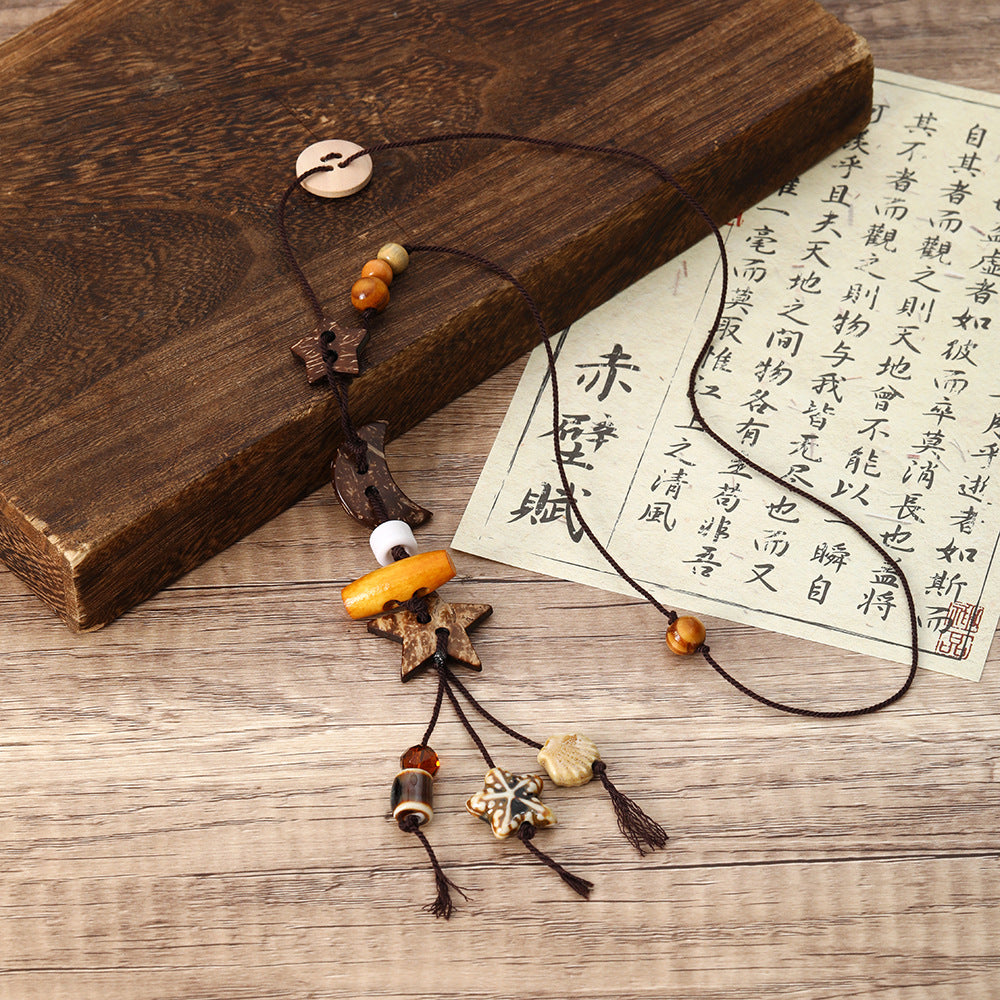 串珠月亮花朵流蘇項鍊－/正方形款實拍｜https://igowo.tw/