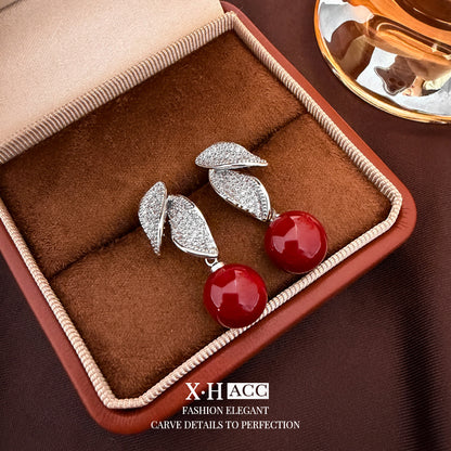 復古紅珍珠微鑲耳釘