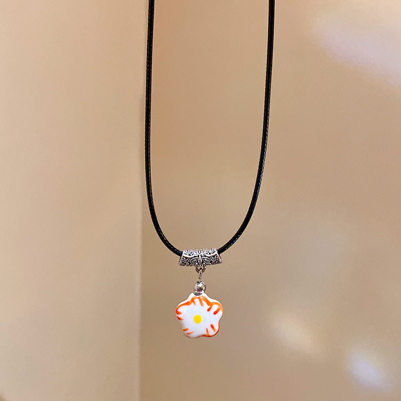 皮革陶瓷卡通可愛花朵吊墜項鏈