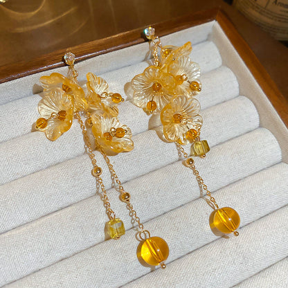 銀針花朵樹脂吊墜流蘇水晶耳環小清新甜美氣質耳釘輕奢高級感耳飾
