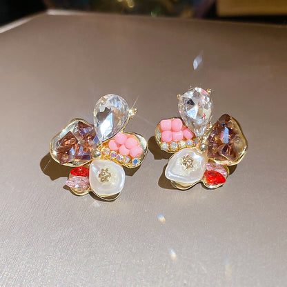 銀針鑲鉆多巴胺撞色花朵珍珠耳釘甜美獨特漂亮耳環輕奢高級感耳飾