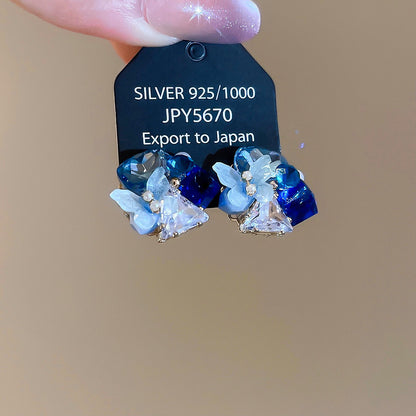 18k真金電鍍銀針水晶蝴蝶珍珠花簇耳釘小清新耳環輕奢高級感耳飾