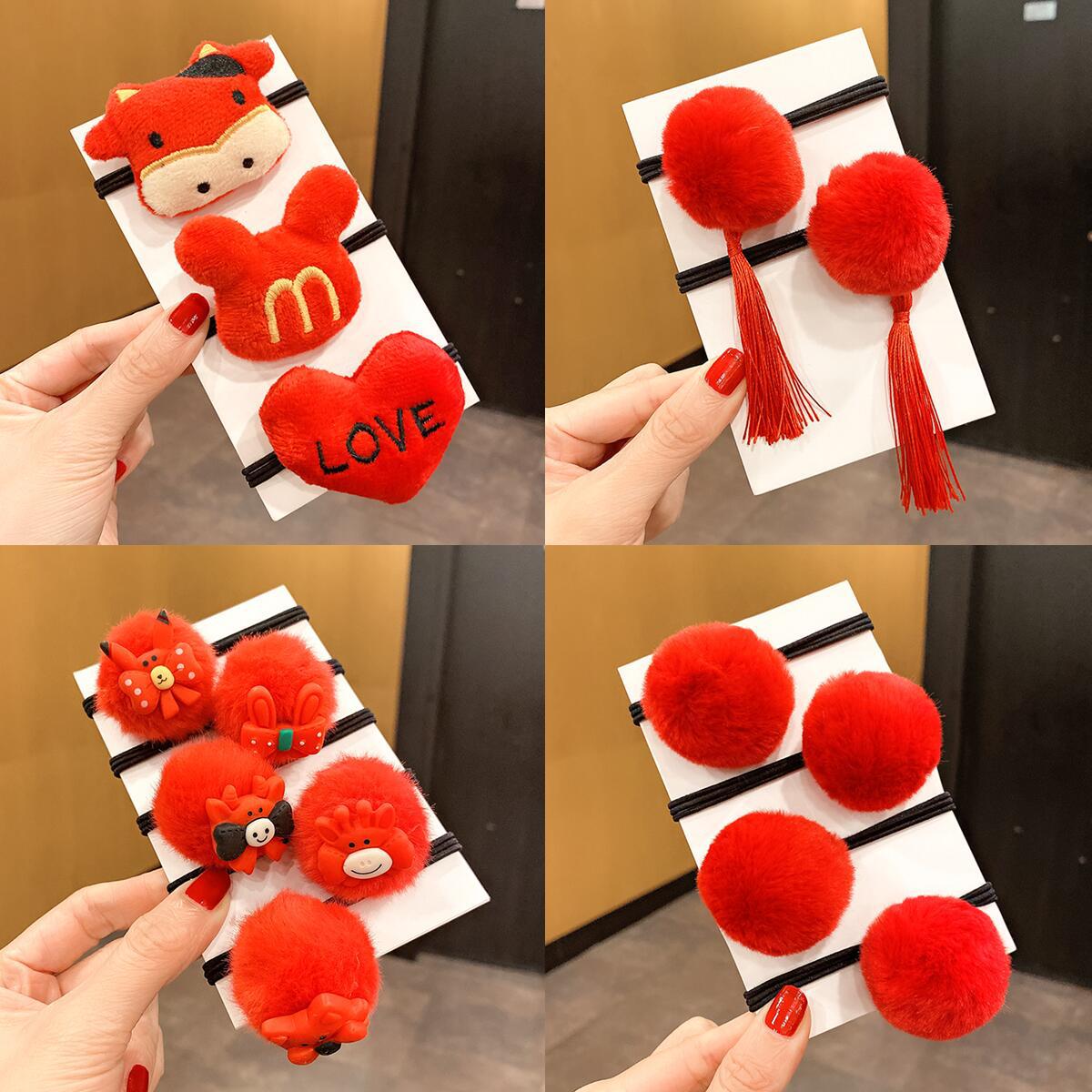 紅色絨面毛球復古髮圈－商品主圖｜https://igowo.tw/