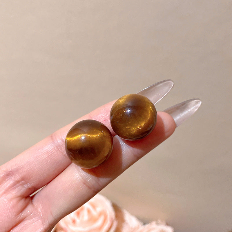 美拉德復古氣質虎眼石圓形耳釘