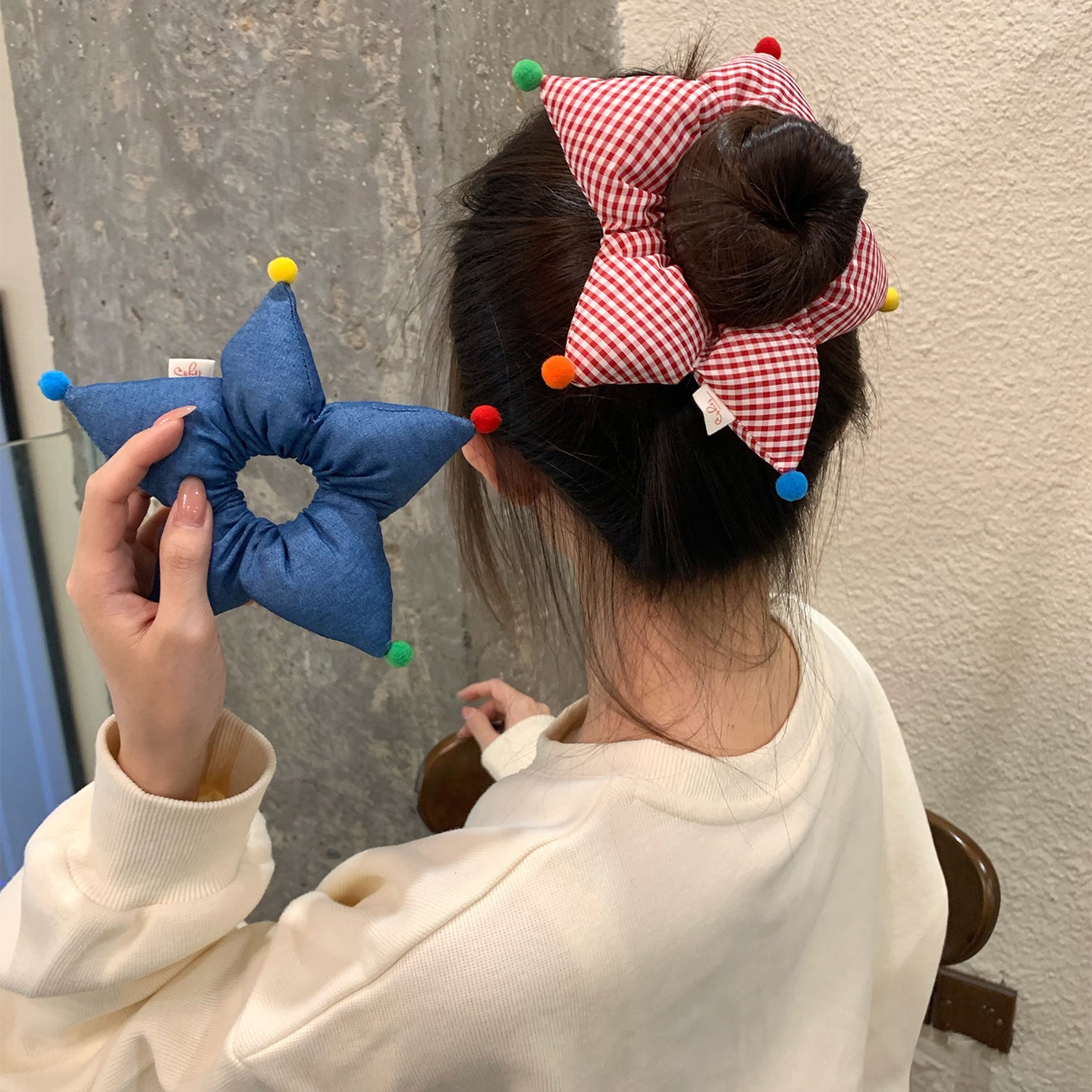 星星立體髮圈－格紋款細節｜https://igowo.tw/