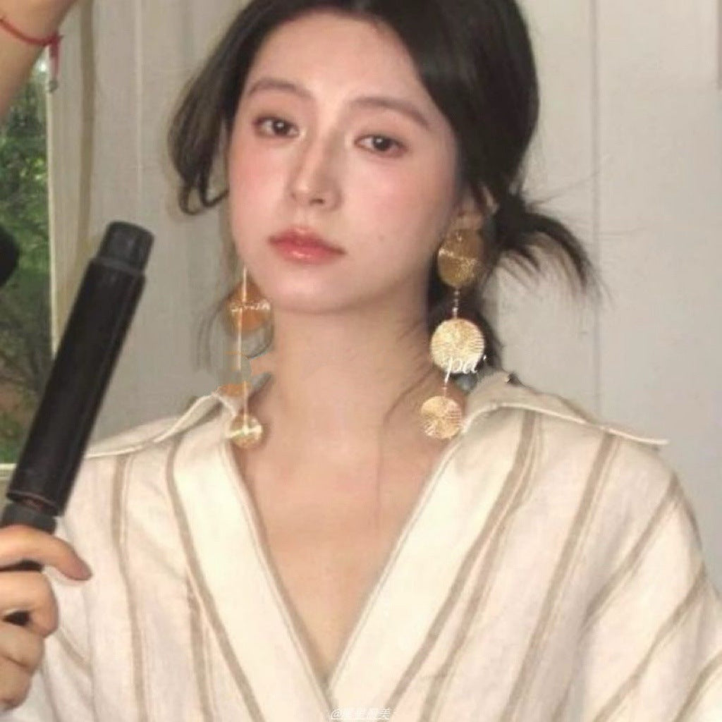 銀針復古金色圓片流蘇耳環小眾高級感輕奢氣質耳墜時尚百搭耳飾女