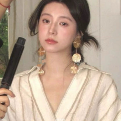 銀針復古金色圓片流蘇耳環小眾高級感輕奢氣質耳墜時尚百搭耳飾女