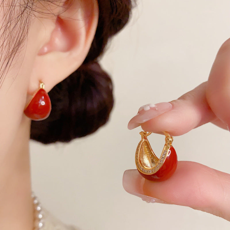紅色琺瑯水滴鑲鑽耳扣－商品主圖｜https://igowo.tw/