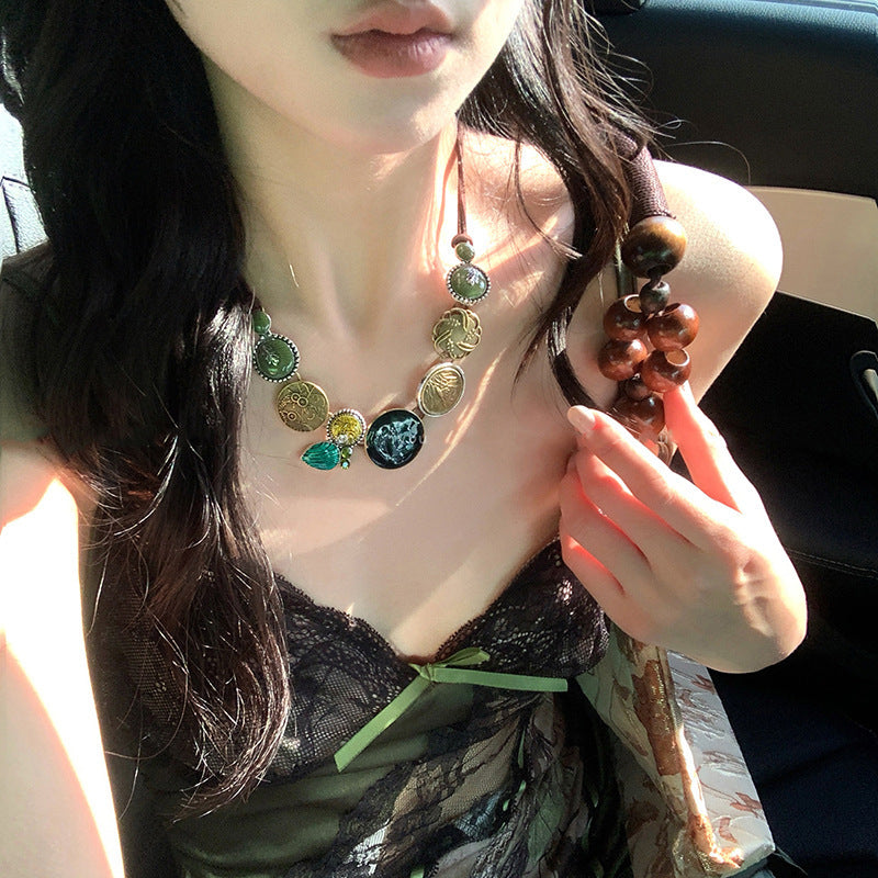 珍珠花朵墜飾復古項鍊－15#項鍊-彩色款細節｜https://igowo.tw/