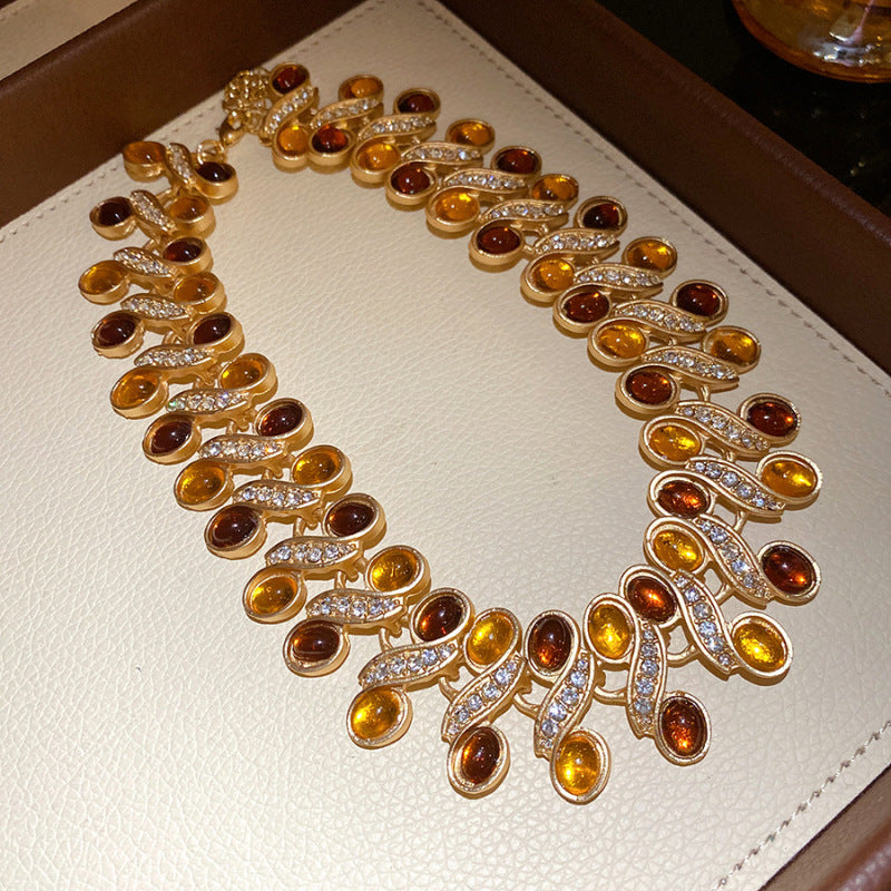 樹脂橢圓項鍊耳環組－耳釘-金色-藍色款細節｜https://igowo.tw/