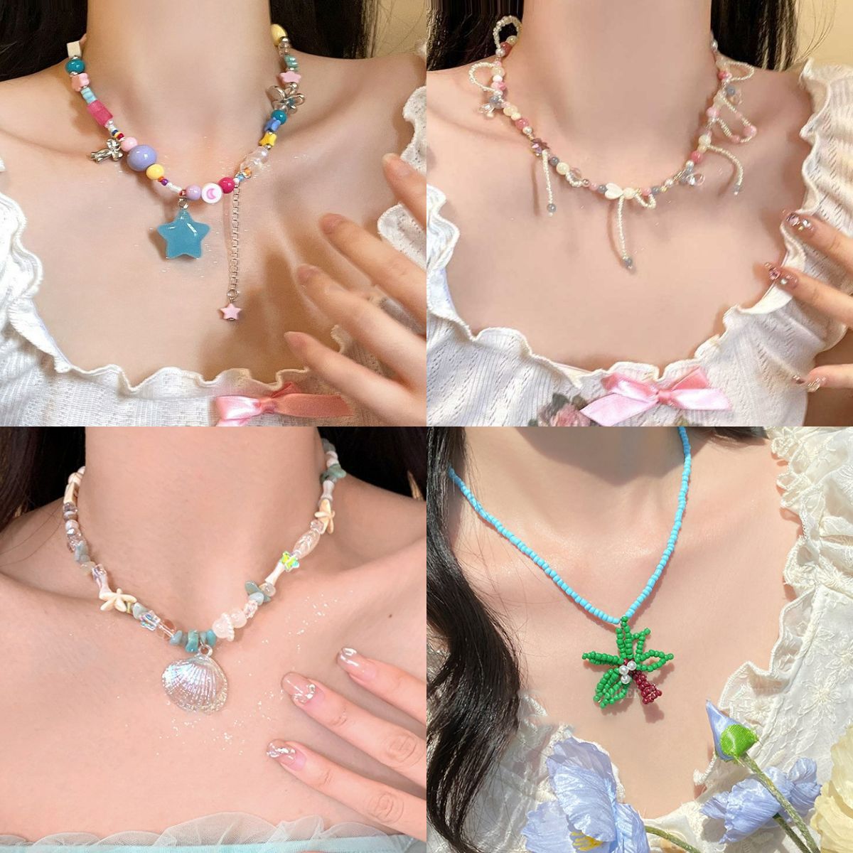 夏日彩色星星串珠吊墜項鏈女甜美小清新鎖骨鏈度假風小眾百搭項飾