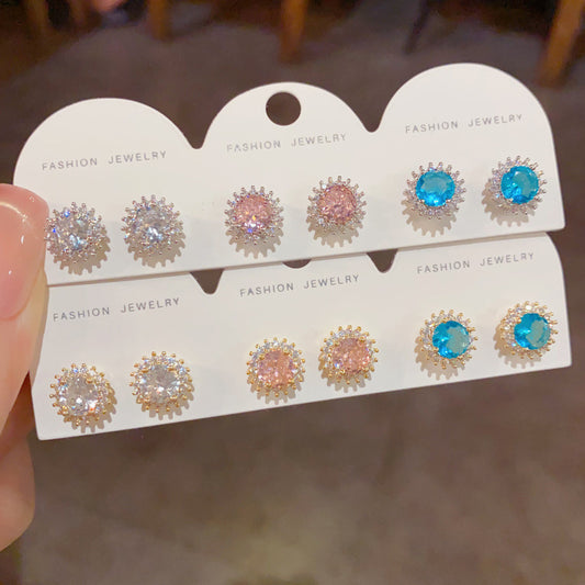 鋯石太陽花耳釘三件組－商品主圖｜https://igowo.tw/
