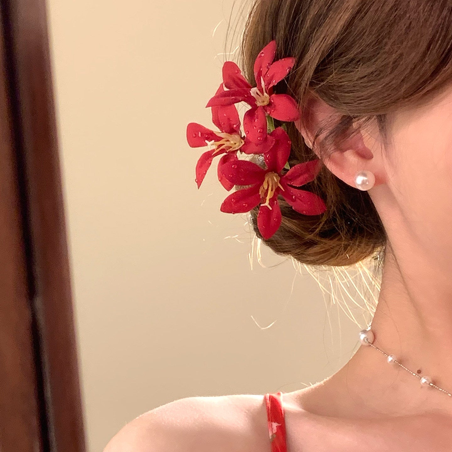 花朵簡約髮簪－酒紅花朵款實拍｜https://igowo.tw/