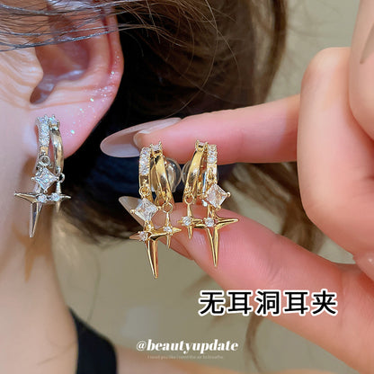 18k真金電鍍鋯石雙層芒星耳夾韓系ins風無耳洞耳環小眾設計感耳飾