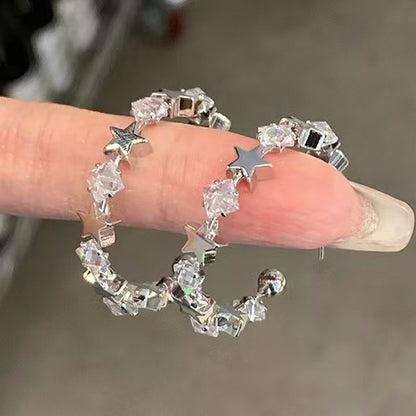 銀針超閃鋯石星星幾何C形耳釘簡約耳圈百搭耳環輕奢高級感耳飾女