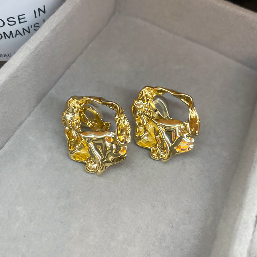 耳夾~18k真金電鍍褶皺圓形金屬耳環歐美跨境時尚設計感小眾耳飾女
