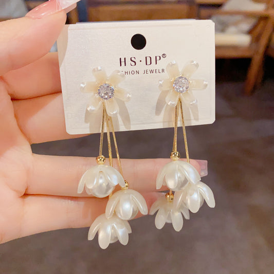 珍珠花朵流蘇耳墜－商品主圖｜https://igowo.tw/