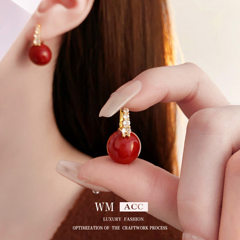 紅色珍珠鋯石復古耳扣－耳扣-白色款實拍｜https://igowo.tw/