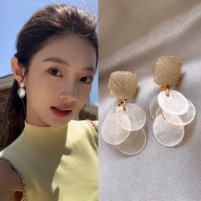 銀針貓眼石貝殼形流蘇耳環時尚設計感小眾耳墜耳釘海邊度假風耳飾